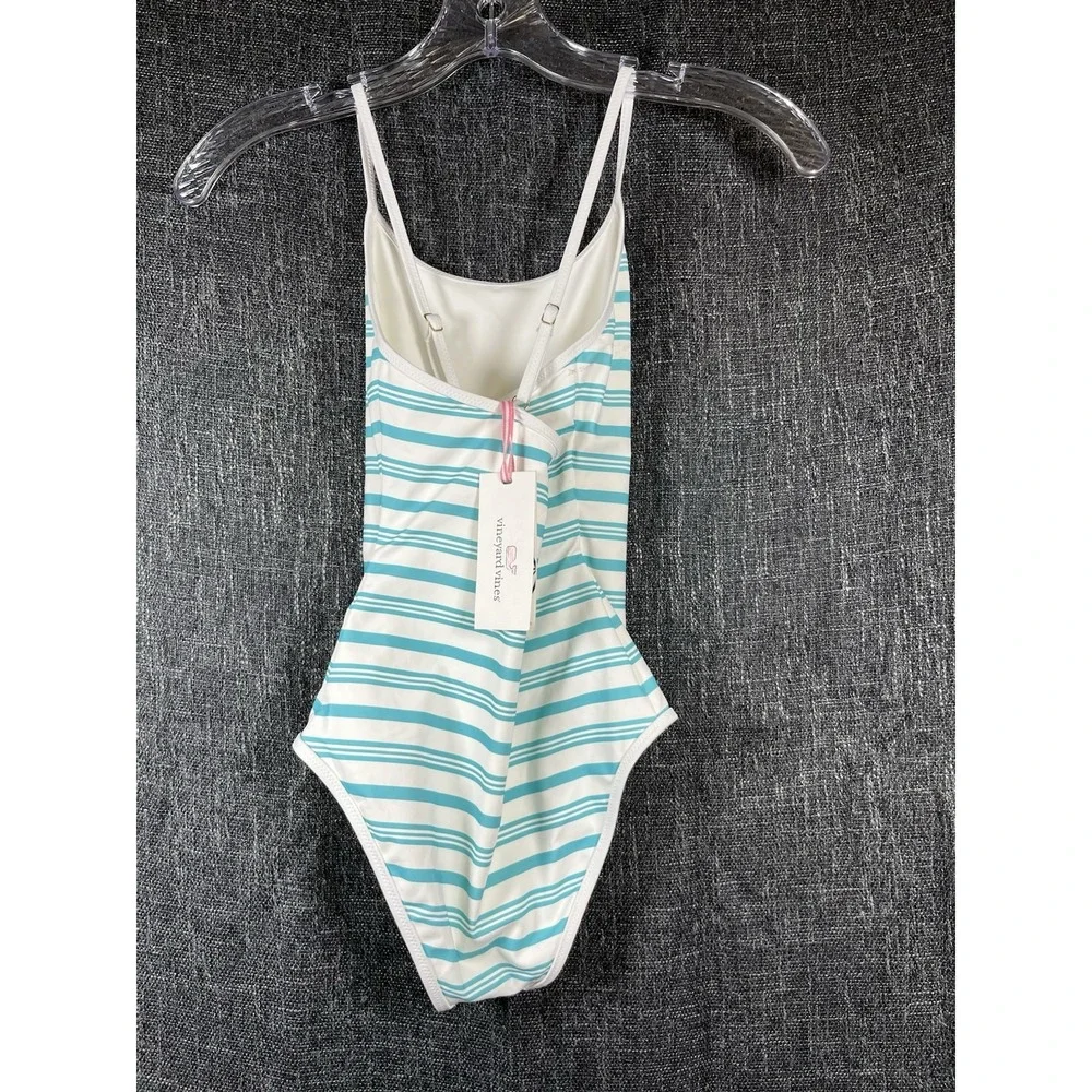 $65 NWT Vineyard Vines Sz M (10-12) Girls Swim Suit White Blue Green Stripe New